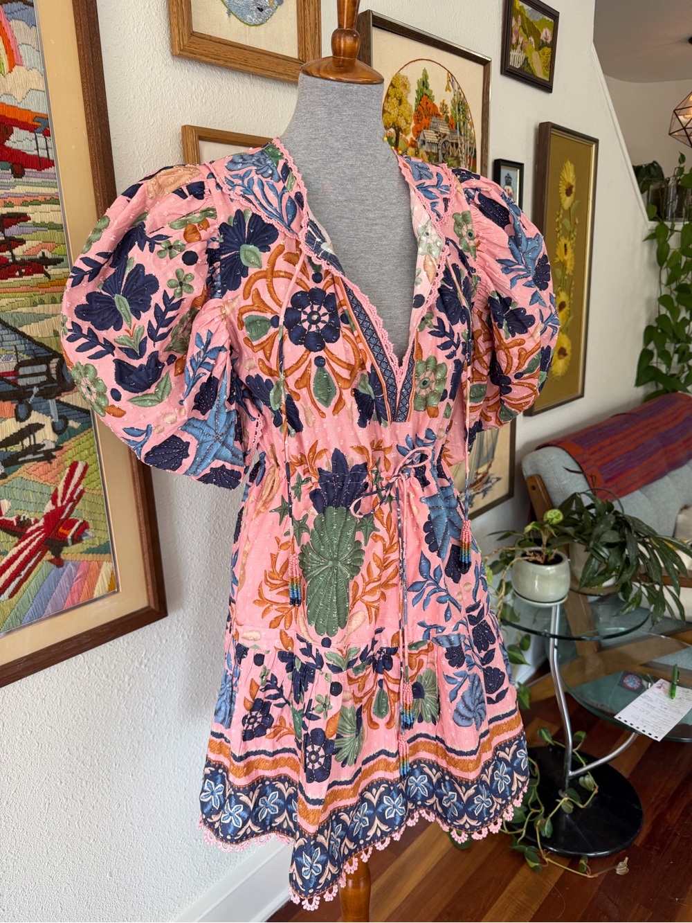 FARM Rio Pink Floral Embroidered Puff-Sleeve Midi Dress - Picture 2 of 6